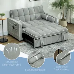 HOMCOM Two-Seater Linen-Look Sofa Bed - Light Grey - 6