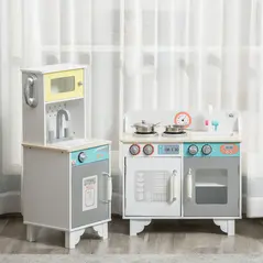 HOMCOM Two Kids Wooden Toy Kitchen Play Cooking Set Pretend Role Playset, with  Sink, Telephone, Storage Basket, for 3-6 Years Old - 2