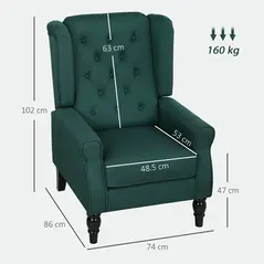 HOMCOM Wingback Accent Chair, Retro Upholstered Button Tufted Occasional Chair for Living Room and Bedroom, Dark Green - 3