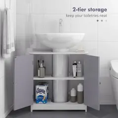 kleankin 60x60cm Under-Sink Storage Cabinet w/ Adjustable Shelf Handles Drain Hole Bathroom Cabinet Space Saver Organizer White and Grey - 5