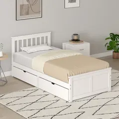 HOMCOM Wooden Single Bed Frame, with Drawers - White - 8