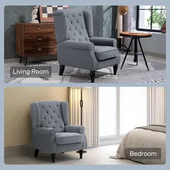 HOMCOM Wingback Accent Chair, Retro Upholstered Button Tufted Occasional Chair for Living Room and Bedroom, Grey - 9