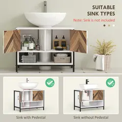 HOMCOM Under Sink Bathroom Cabinet, Rustic Under Sink Cabinet with Herringbone Doors and Open Compartment for Basin with or without Pedestal, 80 x 40 x 60cm, Cream White - 4