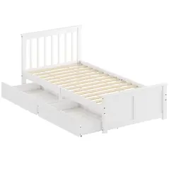 HOMCOM Wooden Single Bed Frame, with Drawers - White - 1