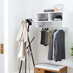 HOMCOM Wall Mounted Coat Hanger Hooks Rack Stand Hallway Coat Rack Rail & Storage Shelf Hanging Coat Organizer (White) - 2