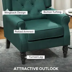 HOMCOM Wingback Accent Chair, Retro Upholstered Button Tufted Occasional Chair for Living Room and Bedroom, Dark Green - 4