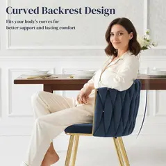 HOMCOM Velvet-Feel Dining Chairs Set of 2, Modern Upholstered Kitchen Chairs with Woven Backrest and Armrests, Metal Legs and Padded Seat for Dining Room, Bedroom, Living Room, Dark Blue - 5