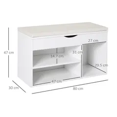 HOMCOM Wooden Shoes Cabinet Bench Hidden Storage Padded Seat Organiser Footwear Rack Hallway White 80 x 30 x 47 cm - 3