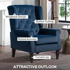 HOMCOM Wingback Accent Chair, Retro Upholstered Button Tufted Occasional Chair for Living Room and Bedroom, Dark Blue - 4