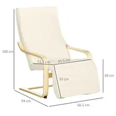 HOMCOM Wooden Armchair, Upholstered Linen Lounge Chair with Adjustable Footrest & Removable Cushion, Poang Chair for Living Room, Cream White - 3