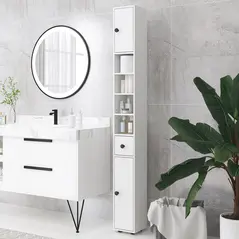 kleankin 180cm Slim Bathroom Cabinet with 9-layered Independent Storage for Family-friendly Storage  - White - 2