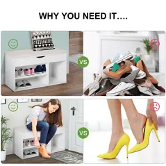 HOMCOM Wooden Shoes Cabinet Bench Hidden Storage Padded Seat Organiser Footwear Rack Hallway White 80 x 30 x 47 cm - 7