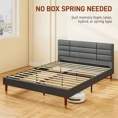 HOMCOM Upholstered King Bed Frame 154W x 206D x 87Hcm with Slats - Grey - 7