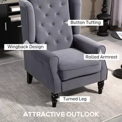 HOMCOM Wingback Accent Chair, Retro Upholstered Button Tufted Occasional Chair for Living Room and Bedroom, Charcoal Grey - 4