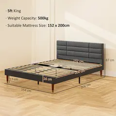 HOMCOM Upholstered King Bed Frame 154W x 206D x 87Hcm with Slats - Grey - 3