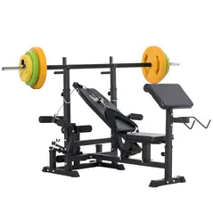HOMCOM Weight Bench with Adjustable Barbell Rack, Leg Extension, Preacher Curl Pad and 20kg Barbell Set - 1