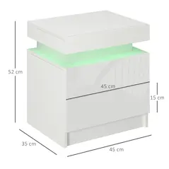 HOMCOM White Bedside Table with LED Light, High Gloss Front Nightstand with 2 Drawers, for Living Room, Bedroom - 3