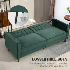HOMCOM Velvet-Feel Three-Seater Sofa Bed - Green - 4