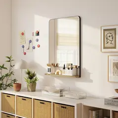 HOMCOM Wall Mirror with Wood Shelf - Black - 7