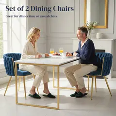 HOMCOM Velvet-Feel Dining Chairs Set of 2, Modern Upholstered Kitchen Chairs with Woven Backrest and Armrests, Metal Legs and Padded Seat for Dining Room, Bedroom, Living Room, Dark Blue - 4