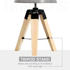 HOMCOM Wooden Tripod Table Lamp for Side, Desk or End Table with E27 Bulb Base（Grey Shade） - 4
