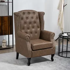 HOMCOM Wingback Accent Chair Tufted Chesterfield-style Armchair with Nail Head Trim for Living Room Bedroom Brown - 2