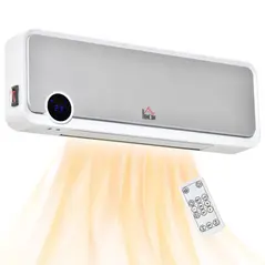 HOMCOM Wall Downflow Heater 2 Heat and Fan 1000W/2000W, Electric Space Heater with Timer Remote Oscillating, for Bedroom Home Office, White and Silver - 1