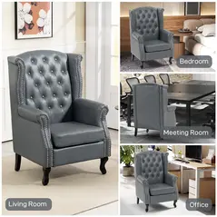 HOMCOM Wingback Accent Chair Tufted Chesterfield-style Armchair with Nail Head Trim for Living Room Bedroom Grey - 8