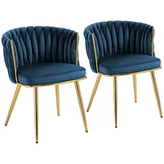 HOMCOM Velvet-Feel Dining Chairs Set of 2, Modern Upholstered Kitchen Chairs with Woven Backrest and Armrests, Metal Legs and Padded Seat for Dining Room, Bedroom, Living Room, Dark Blue - 1
