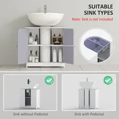 kleankin 60x60cm Under-Sink Storage Cabinet w/ Adjustable Shelf Handles Drain Hole Bathroom Cabinet Space Saver Organizer White and Grey - 4