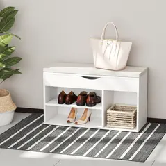HOMCOM Wooden Shoes Cabinet Bench Hidden Storage Padded Seat Organiser Footwear Rack Hallway White 80 x 30 x 47 cm - 2