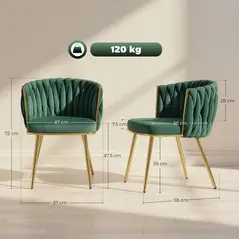 HOMCOM Velvet-Feel Dining Chairs Set of 2, Modern Upholstered Kitchen Chairs with Woven Backrest and Armrests, Metal Legs and Padded Seat for Dining Room, Bedroom, Living Room, Dark Green - 3