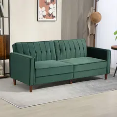 HOMCOM Velvet-Feel Three-Seater Sofa Bed - Green - 2