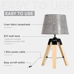 HOMCOM Wooden Tripod Table Lamp for Side, Desk or End Table with E27 Bulb Base（Grey Shade） - 5