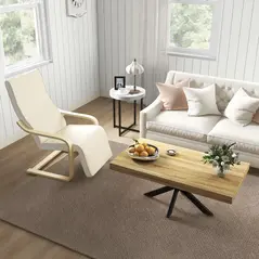 HOMCOM Wooden Armchair, Upholstered Linen Lounge Chair with Adjustable Footrest & Removable Cushion, Poang Chair for Living Room, Cream White - 7