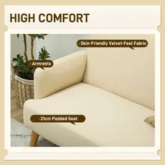 HOMCOM Velvet Feel Fabric 2 Seater Sofa, Small Sofa Loveseat with 21cm Thick Padding and Wood Legs, Cream White - 4