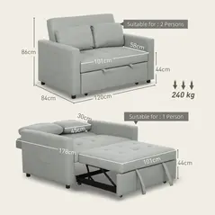 HOMCOM Velvet-Feel Two-Seater Sofa Bed - Light Grey - 3