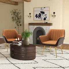 HOMCOM Velvet Armchairs, Upholstered Accent Chairs with Golden Steel Legs, Modern Vanity Chairs for Living Room and Bedroom, Set of 2, Light Brown - 2