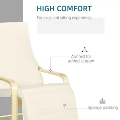 HOMCOM Wooden Armchair, Upholstered Linen Lounge Chair with Adjustable Footrest & Removable Cushion, Poang Chair for Living Room, Cream White - 5