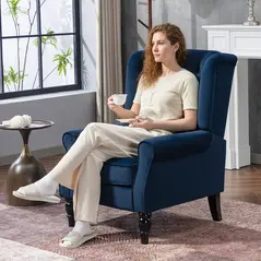 HOMCOM Wingback Accent Chair, Retro Upholstered Button Tufted Occasional Chair for Living Room and Bedroom, Dark Blue - 2