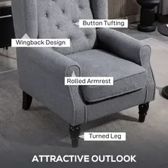 HOMCOM Wingback Accent Chair, Retro Upholstered Button Tufted Occasional Chair for Living Room and Bedroom, Grey - 5