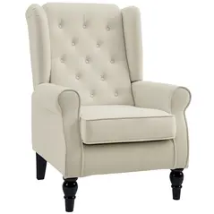 HOMCOM Wingback Accent Chair, Retro Upholstered Button Tufted Occasional Chair for Living Room and Bedroom, Cream White - 1