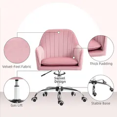 HOMCOM Velvet-Feel Tub Office Chair, with Seat Cushion - Dark Pink - 5