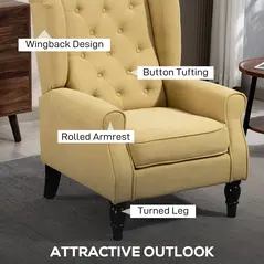 HOMCOM Wingback Accent Chair, Retro Upholstered Button Tufted Occasional Chair for Living Room and Bedroom, Yellow - 4