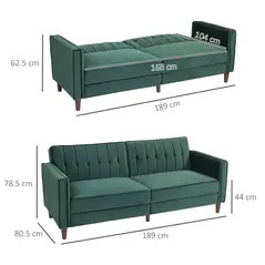 HOMCOM Velvet-Feel Three-Seater Sofa Bed - Green - 3