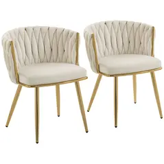 HOMCOM Velvet-Feel Dining Chairs Set of 2, Modern Upholstered Kitchen Chairs with Woven Backrest and Armrests, Metal Legs and Padded Seat for Dining Room, Bedroom, Living Room, Cream - 1
