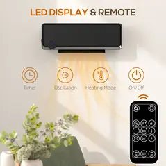 HOMCOM Wall Downflow Heater 2 Heat and Fan 1000W/2000W, Electric Space Heater with Timer Remote Oscillating, for Bedroom Home Office, Black - 5