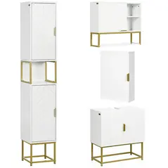 kleankin 4 Piece Bathroom Furniture Set, Freestanding Tall Bathroom Cabinet, Under Sink Storage Cabinet, 2 Wall Mounted Cabinets, White - 1