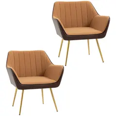 HOMCOM Velvet Armchairs, Upholstered Accent Chairs with Golden Steel Legs, Modern Vanity Chairs for Living Room and Bedroom, Set of 2, Light Brown - 1