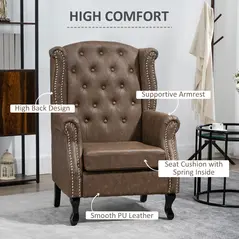 HOMCOM Wingback Accent Chair Tufted Chesterfield-style Armchair with Nail Head Trim for Living Room Bedroom Brown - 4
